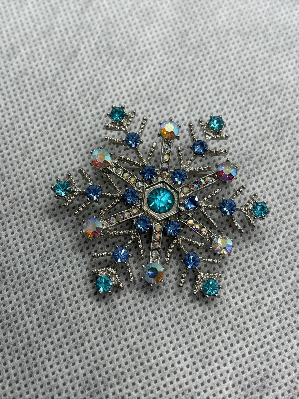 Sparkling Snowflake Brooch with Blue and Aurora Crystals